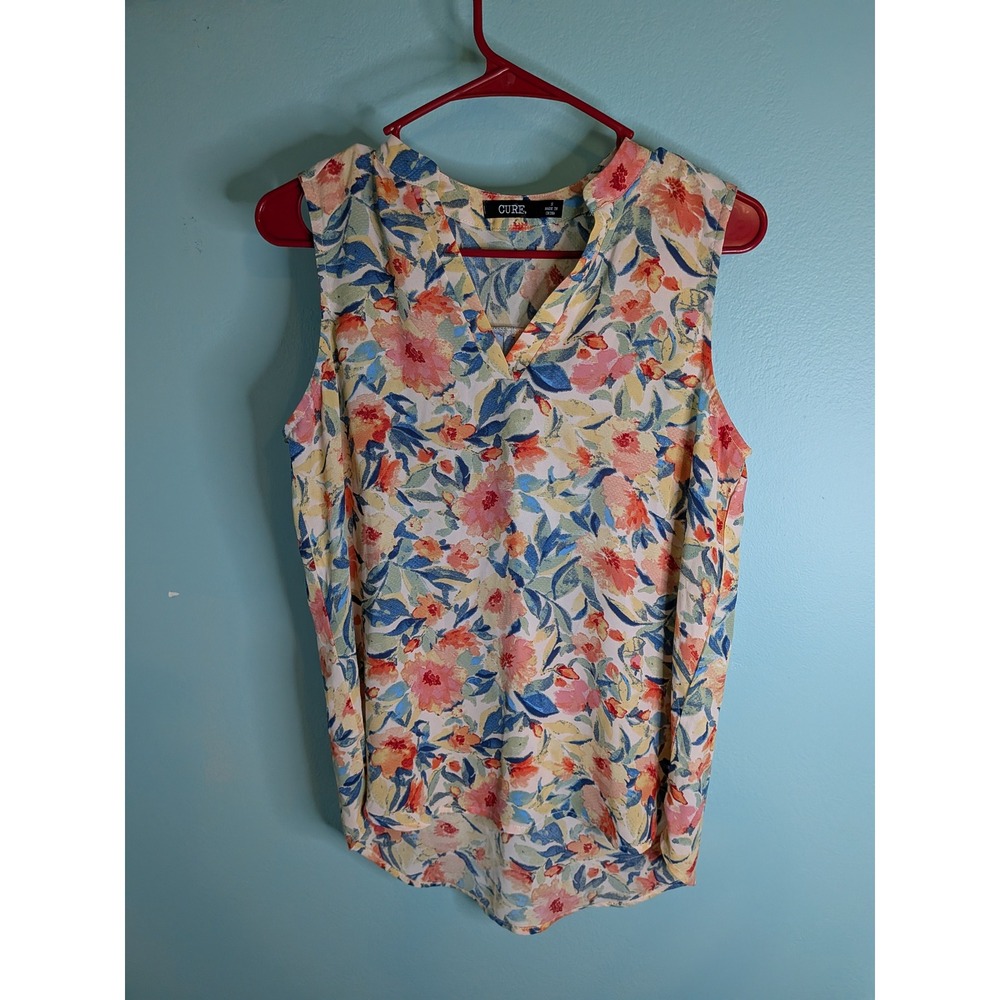 CURE. Womens‎ Floral Sleeveless V-Neck Blouse Multicolor Size S High-Low Hem